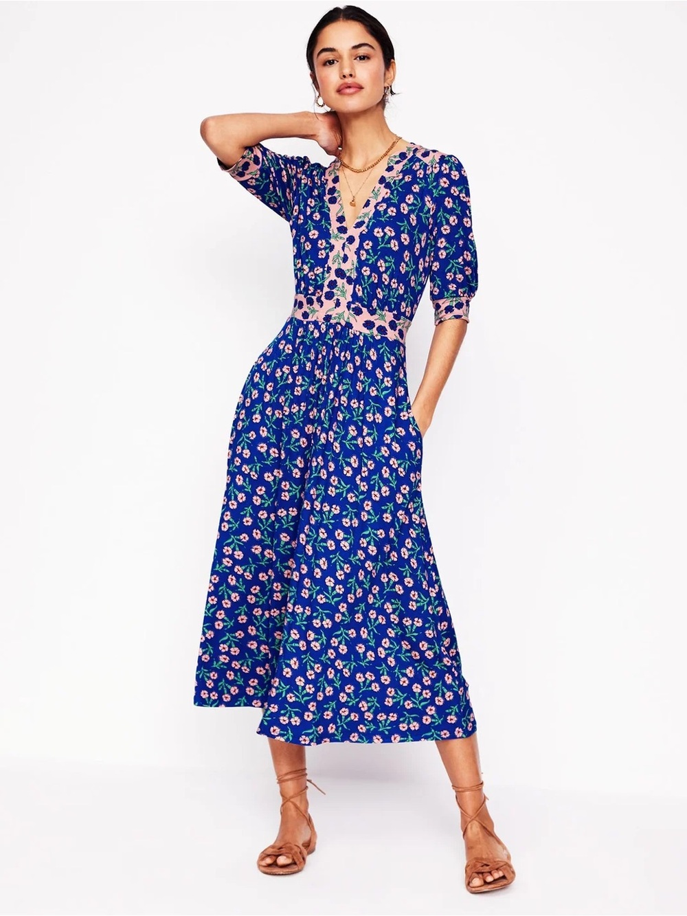 Boden Lily Jersey Midi Tea Dress Blue Floral with Pockets